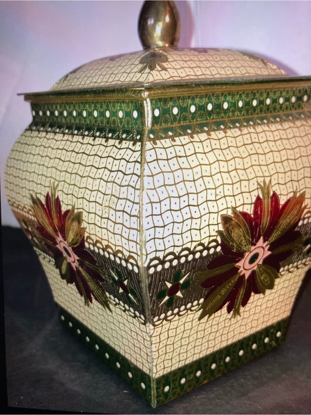 Vintage Decorative Floral Tin Lidded Canister Holland - Cream and Green MCM